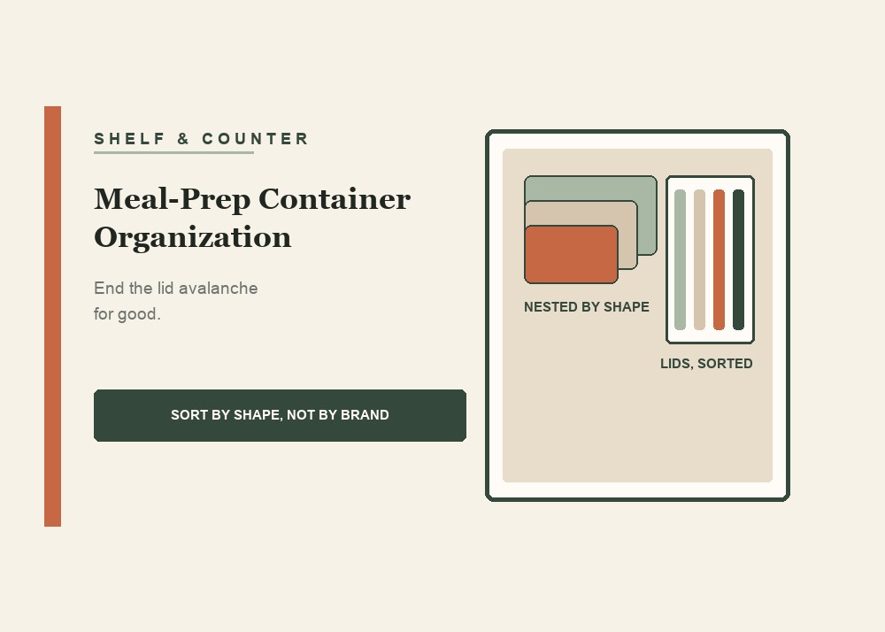 Illustrated nested meal-prep containers next to a sorted lid rack.